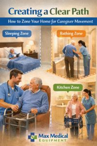 Floor plan diagram showing a 36-inch clear path for caregiver movement around a hospital bed rental with designated zones for medical supplies