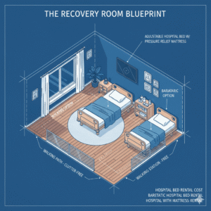 A heavy-duty bariatric hospital bed rental featuring a wider frame and reinforced support for larger patient home care.