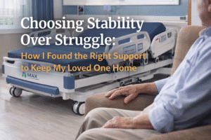 A comfortable hospital bed for home use installed in a bright bedroom, provided by Max Medical Equipment in Richmond Hill."