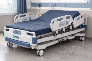 A wide-frame bariatric hospital bed rental featuring reinforced steel and heavy-duty safety rails.