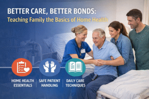 A family member learning home care basics by adjusting a hospital bed with mattress rental for a comfortable patient recovery.