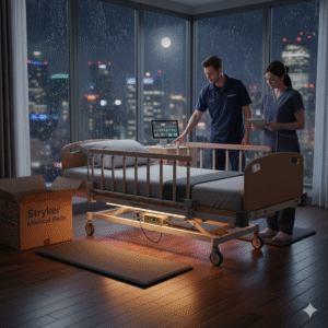 Two professional technicians installing a premium Stryker medical bed in a modern bedroom at night with a city skyline view. The bed features integrated safety rails, an under-bed nightlight for fall prevention, and hospital-grade electronic controls.