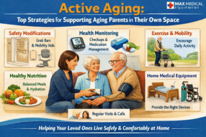 Infographic showing strategies for supporting aging parents at home, including safety modifications, health monitoring, exercise, nutrition, social connection, and home medical equipment by Max Medical Equipment.