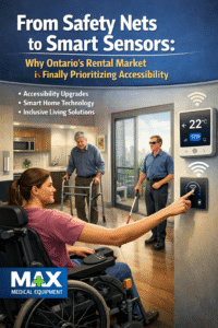 Smart accessibility technology in an Ontario rental home with wheelchair user, senior with walker, and smart sensors highlighting inclusive living solutions – Max Medical Equipment.