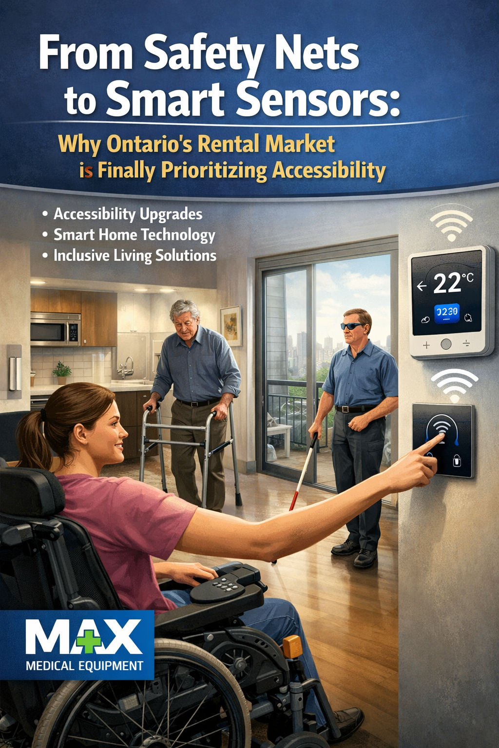 Smart accessibility technology in an Ontario rental home with wheelchair user, senior with walker, and smart sensors highlighting inclusive living solutions – Max Medical Equipment.