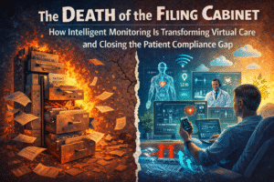 Illustration showing the transition from traditional paper medical records to intelligent virtual care monitoring, with a burning filing cabinet of patient records on one side and a doctor remotely monitoring patient health data on digital screens on the other.