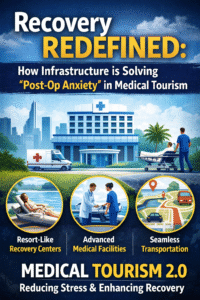Illustration of a modern hospital and recovery center with a patient on a stretcher, ambulance, resort-style recovery facility, and transportation icons showing how medical tourism infrastructure helps reduce post-operative anxiety and improve recovery.