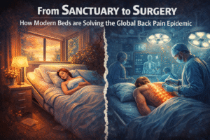 Illustration showing the connection between sleep and spinal health, with a person sleeping comfortably on a modern supportive bed on one side and a patient undergoing back surgery with an inflamed spine on the other, highlighting how advanced beds can help prevent back pain.