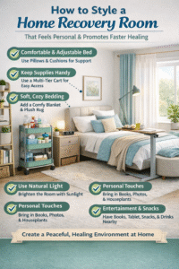 Home recovery room styled with comfortable bedding, soft lighting, personal décor, and medical equipment to promote faster healing