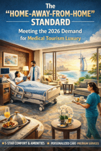 Luxury hospital recovery suite with a comfortable medical bed, attentive doctor and nurse, room service amenities, and a scenic ocean view, illustrating the home-away-from-home standard in modern medical tourism for 2026.