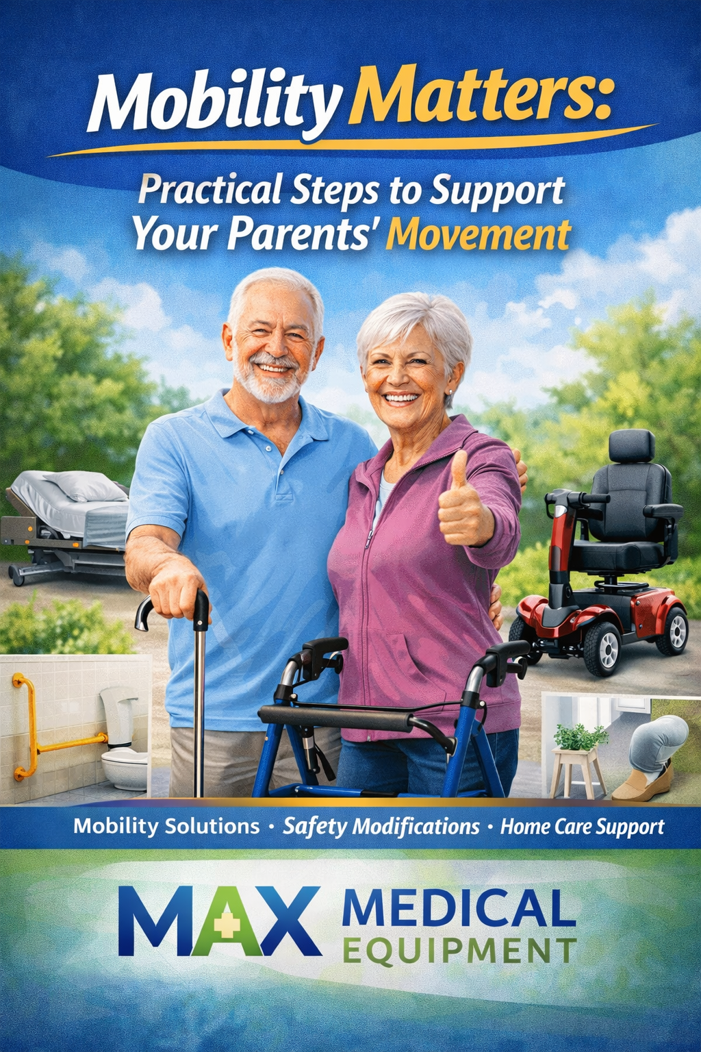 Happy senior couple using a walker and mobility aids promoting safe movement and independence with solutions from Max Medical Equipment.