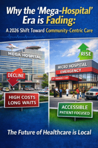 Comparison of a large mega-hospital declining and a modern community micro-hospital rising, illustrating the shift toward community-centric healthcare in 2026.